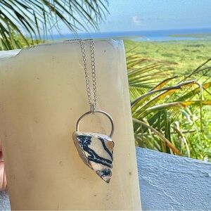 Blue willow sea tumbled tile Handmade 995 925 silver soldered necklace bβ¦